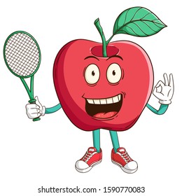 Tennis athlete of apple fruit cartoon character with ok hand sign and funny smile face