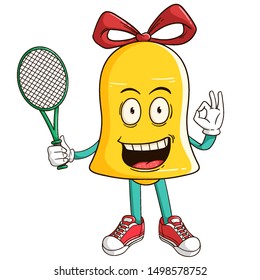 Tennis athlete bell cartoon character with ok hand sign and funny smile face