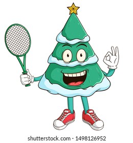 Tennis athlete of christmas tree cartoon character holding a racket with funny smile face