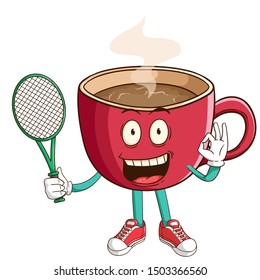 Tennis athlete of coffee cup cartoon character with ok hand sign and funny smile face