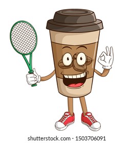 Tennis athlete of coffee paper cup cartoon character with ok hand sign and funny smile face