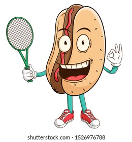Tennis athlete of hot dog cartoon character with ok hand sign and funny smile face