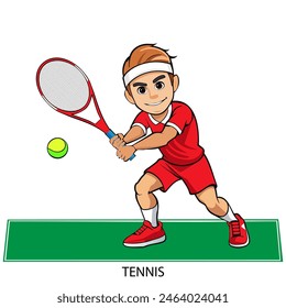 Tennis athlete isolated on white background in cartoon style. Summer Games 2024. Vector illustration.