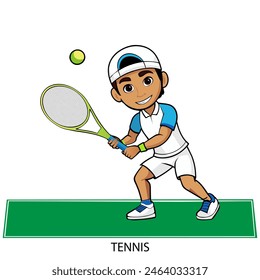 Deportista de tenis aislado sobre fondo blanco en estilo de dibujos animados. Juegos de verano 2024. Ilustración vectorial.