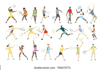Tennis athletes moves set on white background.