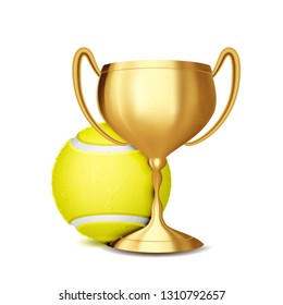 Tennis Award Vector. Tennis Ball, Golden Cup. Sports Game Event Announcement. Banner Advertising. Professional League. Sport Invitation. Stadium. Event Illustration