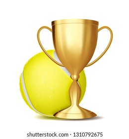 Tennis Award Vector. Tennis Ball, Golden Cup. For Sport Promotion. Tournament, Championship Flyer Design. Club, Academy. Invitation Element Illustration