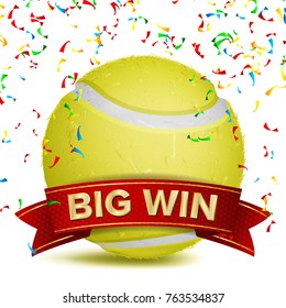 Tennis Award Vector. Red Ribbon. Big Sport Game Win Banner Background. Yellow Ball. Confetti Falling. Realistic Isolated Illustration