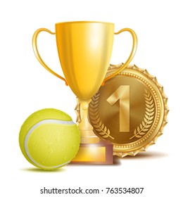 Tennis Award Vector. Sport Banner Background. Yellow Ball, Gold Winner Trophy Cup, Golden 1st Place Medal. 3D Realistic Isolated Illustration