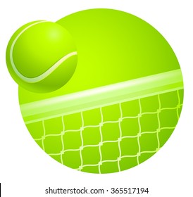 Tennis background. Tennis ball over the net on a green background