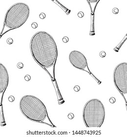 Tennis background. Seamless pattern of hand-drawn black sketch style tennis racquet with tennis balls on white background. Vector backdrop.