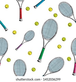 Tennis background. Seamless vector pattern of hand-drawn colored sketch style tennis racquet with yellow tennis balls on white background. 