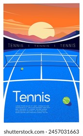 TENNIS BACKGROUND AND TEXTURE, VECTOR IMAGE OF A BLUE TENNIS COURT WITH BALLS ON IT. BANNER, POSTER, FLYER