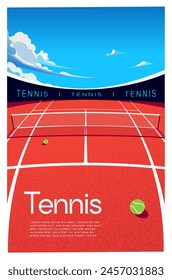 TENNIS BACKGROUND AND TEXTURE, VECTOR IMAGE OF A RED TENNIS COURT WITH BALLS ON IT. BANNER, POSTER, FLYER