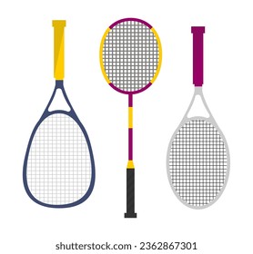 Tennis or badminton racquets, sports and recreation, fun and sportive practice. Isolated equipment for game, leisure activities and participation, handle and net for ball. Vector in flat style