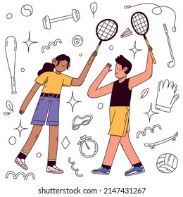 Tennis Badminton Sport Dodle Illustration. Im Sommer spielen zwei Leute. Frau und Mann mit Schläger, Tennisspieler mit Sportartikelchartoon und Sportdoodle auf Hintergrund