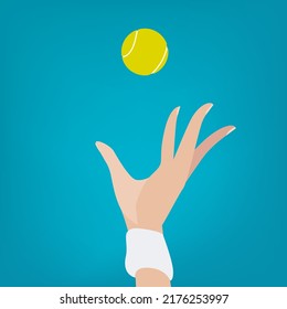 Tennis ball being tossed in the air during a match vector illustration, start of a game, serve, female hand