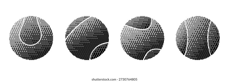 Pelota de tenis en efecto de mapa de bits, silueta, blanco y negro, iconos de la raqueta de tenis, establecidos en diferentes ángulos. para el diseño de tenis, interfaz de App, infografías o Elementos de juego. Vector, aislado sobre fondo blanco.
