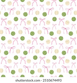 Tennis ball and bow seamless pattern. Preppy serve repeat background. Coquette sport. Vector continuous surface design.