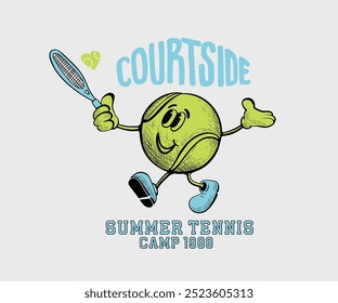 tennis ball cartoon playing with racket vector illustration, summer tennis club vector artwork for t shirt, graphic print, retro vintage tennis design with typography 