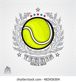 Tennis ball in center of silver laurel wreath on light background. Sport logo for any team