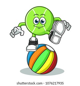 tennis ball circus clown stand in the ball mascot vector cartoon illustration