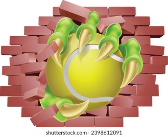 A tennis ball claw breaking through a wall