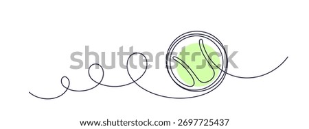 Tennis ball. Continuous one line sign. Sport simple symbol. Abstract flying play. Vector art illustration isolated on white backdrop. Editable srtoke