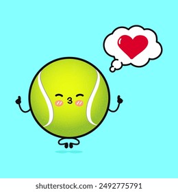 Tennis ball doing yoga with speech bubble. Vector hand drawn cartoon kawaii character illustration icon. Isolated on blue background. Tennis ball in love character concept