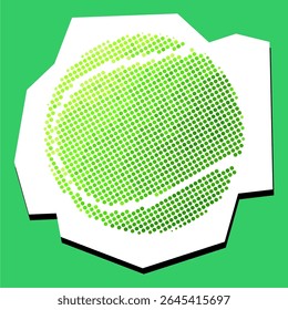 Tennis ball dotted collage element in a torn paper vector, created with pointillism. An artistic, dynamic depiction for sports themes, tennis, active play, or athletic concepts with a vintage feel.