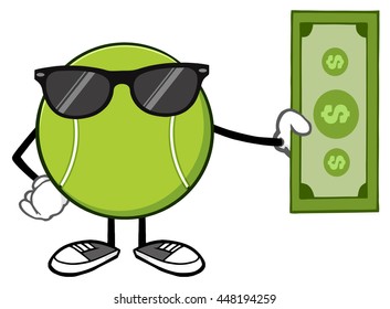 Tennis Ball Faceless Cartoon Mascot Character With Sunglasses Holding A Dollar Bill. Vector Illustration Isolated On White Background