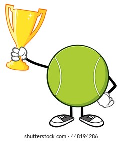 Tennis Ball Faceless Cartoon Mascot Character Holding A Trophy Cup. Vector Illustration Isolated On White Background