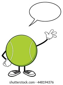 Tennis Ball Faceless Cartoon Mascot Character Waving With Speech Bubble Vector Illustration Isolated On White Background