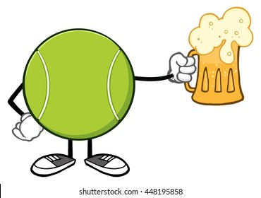 Tennis Ball Faceless Cartoon Mascot Character Holding A Beer. Vector Illustration Isolated On White Background