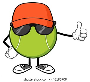 Tennis Ball Faceless Cartoon Mascot Character With Hat And Sunglasses Giving A Thumb Up. Vector Illustration Isolated On White Background