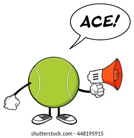 Tennis Ball Faceless Cartoon Mascot Character An Announcement Into A Megaphone With Speech Bubble And Text Ace. Vector Illustration Isolated On White Background