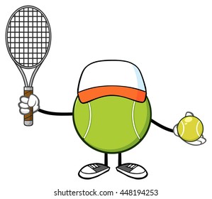Tennis Ball Faceless Player Cartoon Mascot Character With Hat Holding A Tennis Ball And Racket. Vector Illustration Isolated On White Background