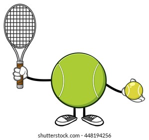 Tennis Ball Faceless Player Cartoon Mascot Character Holding A Tennis Ball And Racket. Vector Illustration Isolated On White Background
