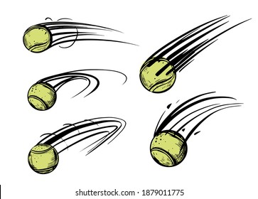 Tennis ball, flying ball. Vector black illustrations
