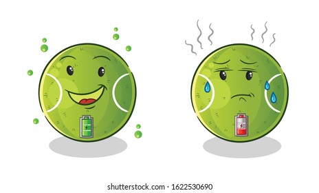 tennis ball full battery good mod and low battery bad mod cartoon. cute chibi cartoon mascot vector