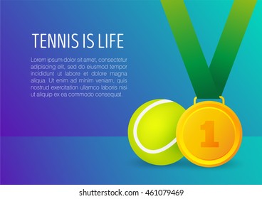 Tennis ball with a gold medal. Gradient poster. Vector illustration.