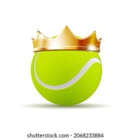 Balón de tenis en la corona real de oro. Concepto de éxito en el deporte de tenis. Tenis - rey del deporte. Ilustración vectorial realista aislada en fondo blanco.