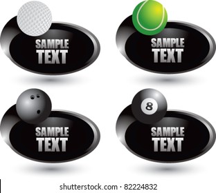 Tennis ball, golf ball, bowling ball, and eight ball on silver swoosh banners