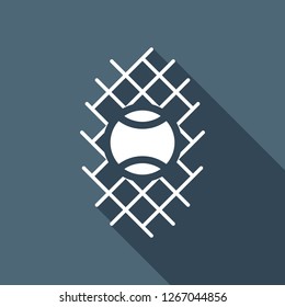 Tennis ball and grid, sport game icon. White flat icon with long shadow on blue background