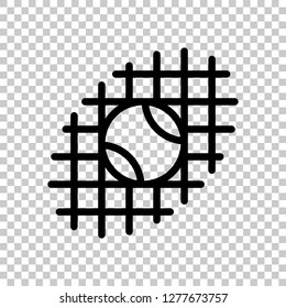 Tennis ball and grid, sport game, outline linear icon. Black symbol on transparent background