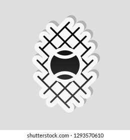 Tennis ball and grid, sport game icon. Sticker style with white border and simple shadow on gray background