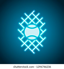 Tennis ball and grid, sport game icon. Neon style. Light decoration icon. Bright electric symbol