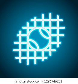 Tennis ball and grid, sport game, outline linear icon. Neon style. Light decoration icon. Bright electric symbol