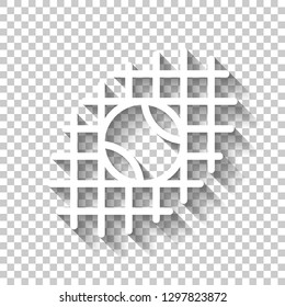 Tennis ball and grid, sport game, outline linear icon. White icon with shadow on transparent background