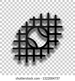 Tennis ball and grid, sport game, outline linear icon. Black glass icon with soft shadow on transparent background